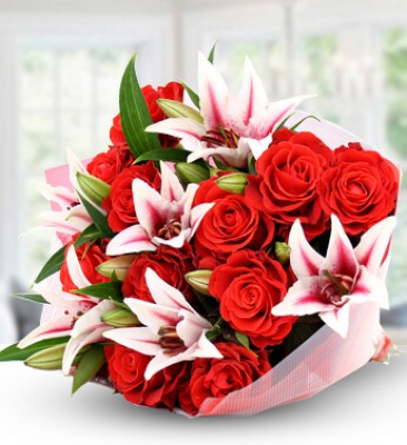 Bunch of 5 Stems of Pink Lilies & 10 stems of red Roses Lilies and Roses