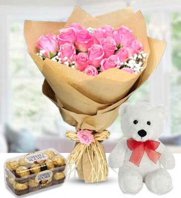 Bunch of 15 roses with Fillers , 16 pcs Ferrero Rocher Chocolate and Small Teddy bear Stunning Delight