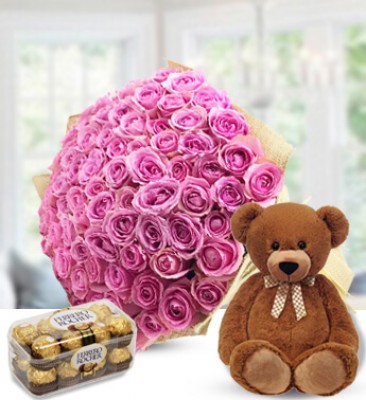 Bunch of 60 Pink roses with 16 pcs Ferraro Rocher Chocolate and Small Teddy bear Prevalent Blossoms