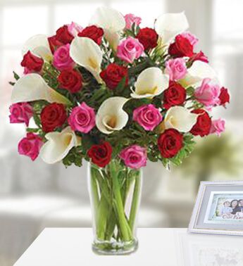 Glass Vase with 10 White Calla Lilies, 10 Red and 10 Pink Roses with fillers Triple Tenderness