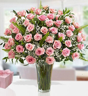Glass Vase with 50 Stem of Pink Roses with white fillers & Greens Pink Romance