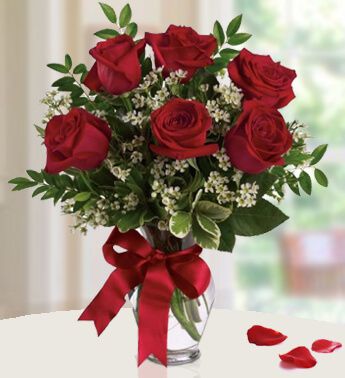 Glass Vase with 6 Stem of Red Roses with white fillers & Greens Love Roses 6