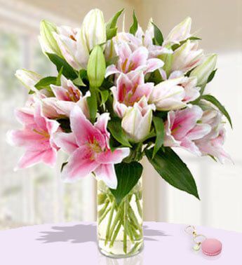 Glass Vase with 5 Stem of Pink Lilies (Approx 15 Flowers) Stargazer 5