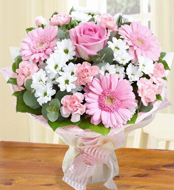 Bunch of 4 stems of White Chrysanthemum, 3 Pink Gerbera, 1 Pink Rose in nice wrapping Favorite Pink