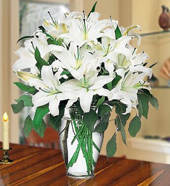 Glass Vase with 10 stems of White Lilies & Greens. Pearl Beauty