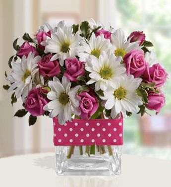 Vase with 10 Stems Of Pink Roses & 4 Stems of White Chrysanthemums Cotton Candy