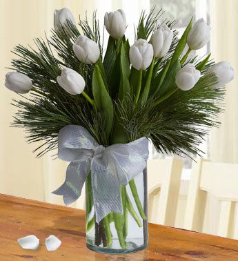 10 White Tulip in a vase with greens and white ribbon Absolute Beautiful