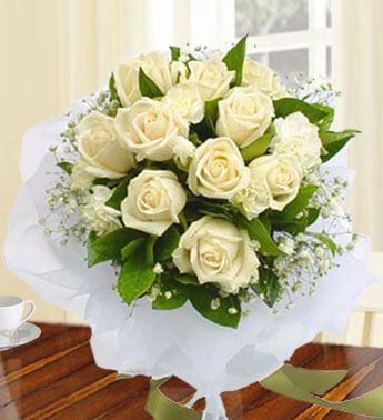 Bunch of 10 White Roses with Greens in nice wrapping Joyful Roses