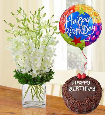 Bunch of 20 Stems of White Orchid , 1/2 Kg Chocolate Cake , Happy Birthday Balloon Orchid Combo