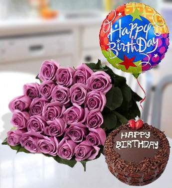 Flat bunch of 24 Purple Roses in nice wrapping, 1/2 Kg Chocolate Cake and Happy Birthday Foil Balloon Glorious Birthday Roses