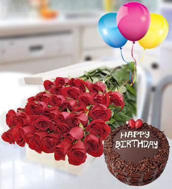 Flat bunch of 24 Red Roses in nice wrapping, 1/2 Kg Chocolate Cake , 3 Latex Balloon More Than Words Combo
