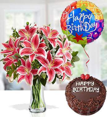 Bunch of 10 Stems of Pink Lilies with 1/2 Kg chocolate Cake and Happy Birthday Foil Balloon Perfect Birthday Combo