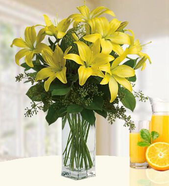 BUNCH of 5 stems of Yellow Lilies (Approx 15 Flowers) , Greens & Fillers Yellow Sunshine