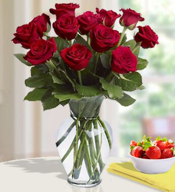 Vase with 12 Stems of Red Roses with Greens Fresh Love