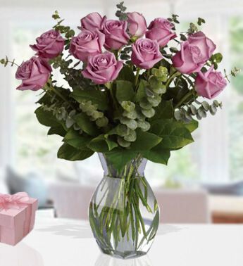 Vase with 10 Stems of Purple Roses Sugar Roses