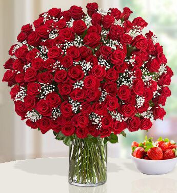 Vase with 200 Stems of Red Roses with Gypsophelia & Greens Magical 200 Roses