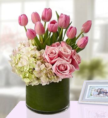 Vase with 10 Stems of Pink Tulips , 6 Stems of Pink Roses & White Hydrangia ( as Image) Beautiful Pink