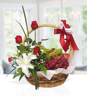 A basket of grapes w/ flower arrangement. (Basket may vary) Basket Includes: Green Grapes (1k) Red Grapes (1k) Red Roses (3pcs) White Lily (1pcs) Green Fillers Special Fruits Flowers Basket