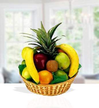 A simple fresh fruit basket .(basket may vary). Basket Includes: Banana (1k), Orange (2pcs), Red Apple (2pcs), Green Apple (2pcs), Pears (2pcs), Pineapple (1pc). A Simple Fresh Fruit Basket