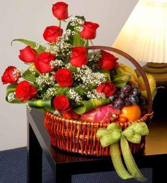 Dozen Red Roses Mixed Fruits Basket