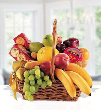 Basket packed with fruits and premium biscuits. Also fresh apples, oranges, pears, bananas, green grapes and the savoury crackers . Fruits Delight